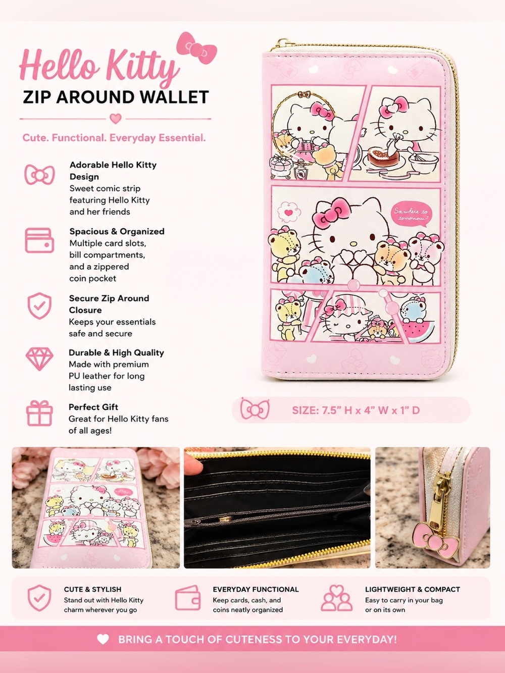 Hello Kitty Pink Zip-Around Wallet with Comic Panel Design